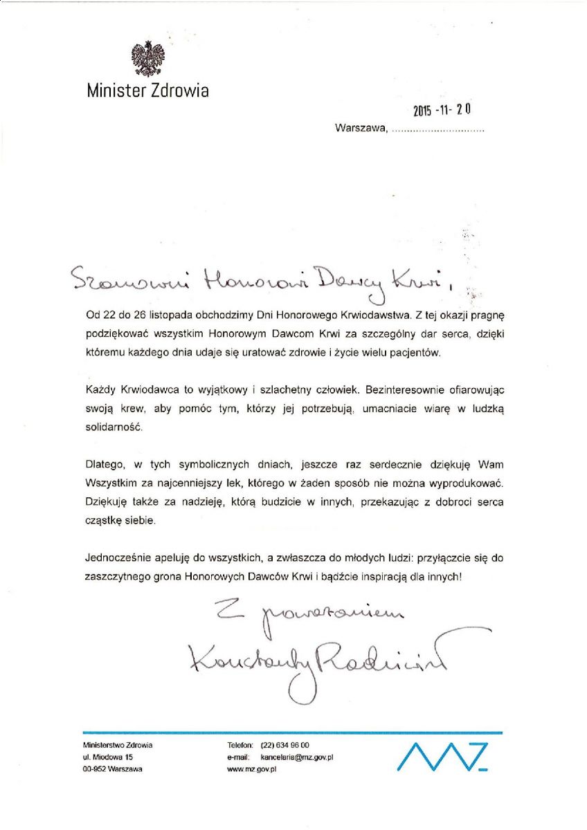 Życzenia z okazji Dni Honorowego Krwiodawstwa PCK