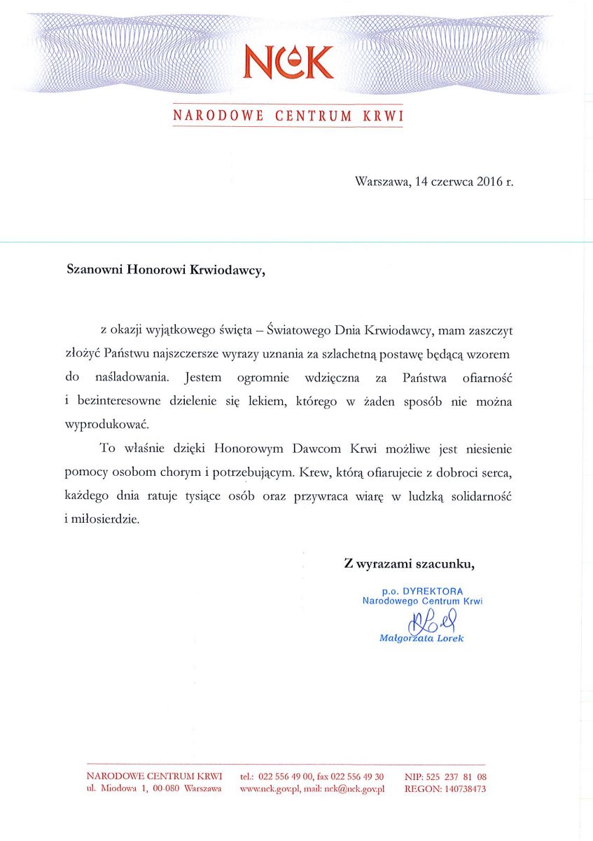 Życzenia Dyrektora Narodowego Centrum Krwi