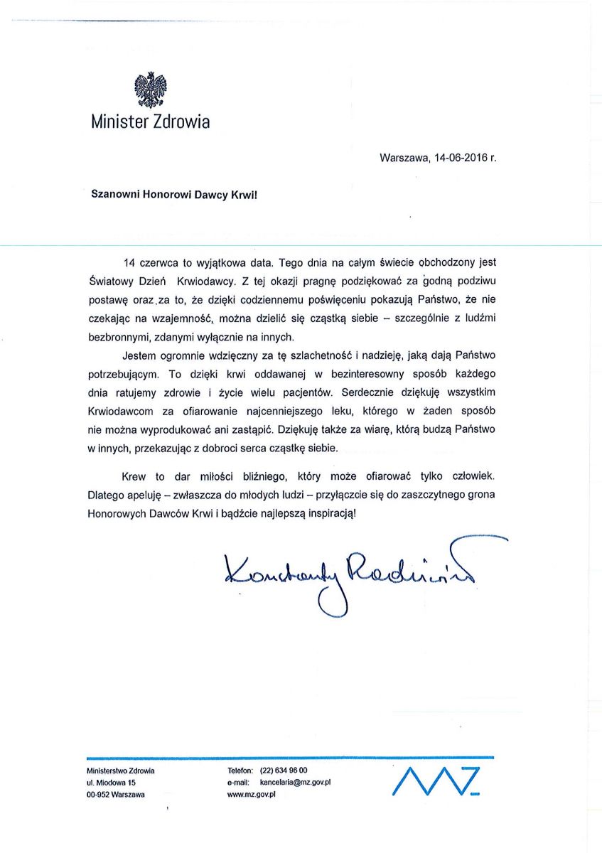 Życzenia Ministra Zdrowia