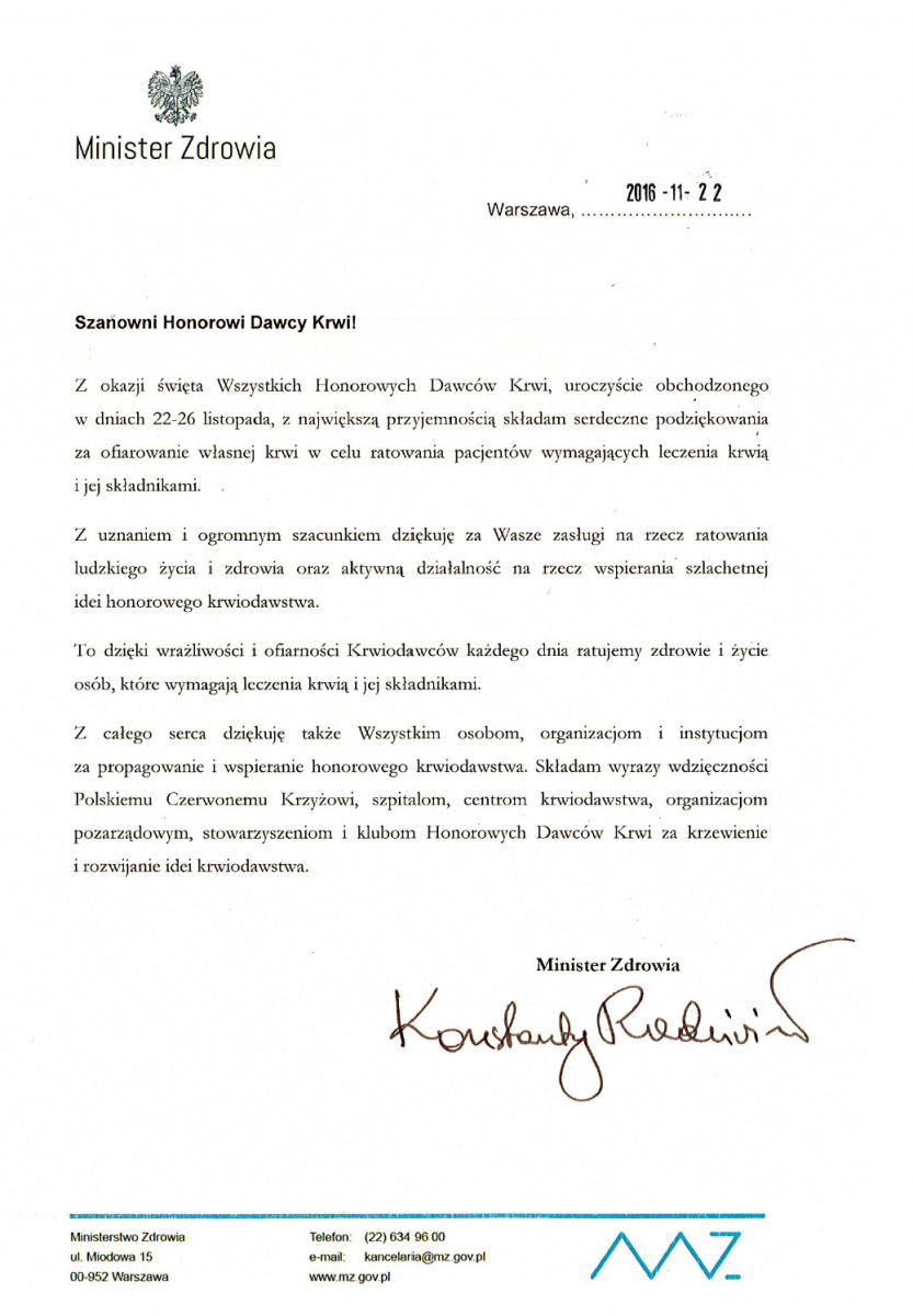 Życzenia Ministra Zdrowia z okazji Dni HDK PCK