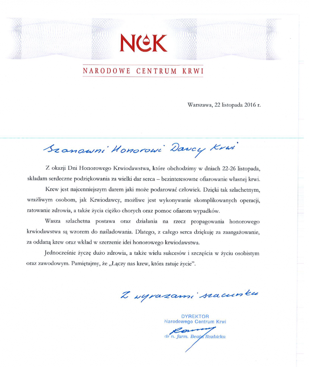 Życzenia Dyrektora NCK z okazji Dni HDK PCK
