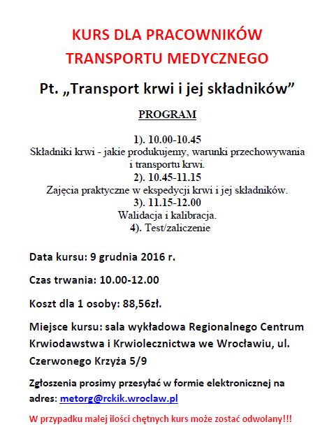 Kurs dla Pracowników Transportu Medycznego