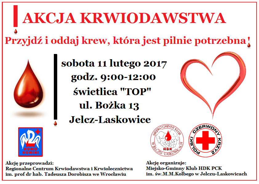 Klub HDK PCK w Jelczu-Laskowicach zaprasza do udziału w akcji krwiodawstwa