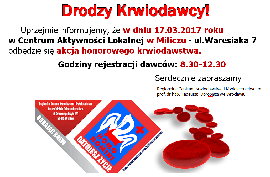 Zapraszamy na akcję krwiodawstwa do Milicza