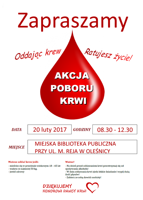 Zapraszamy na akcję krwiodawstwa do Oleśnicy
