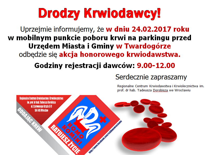 Zapraszamy na akcje krwiodawstwa do Twardogóry