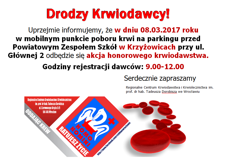 Zapraszamy na akcję krwiodawstwa do Krzyżowic