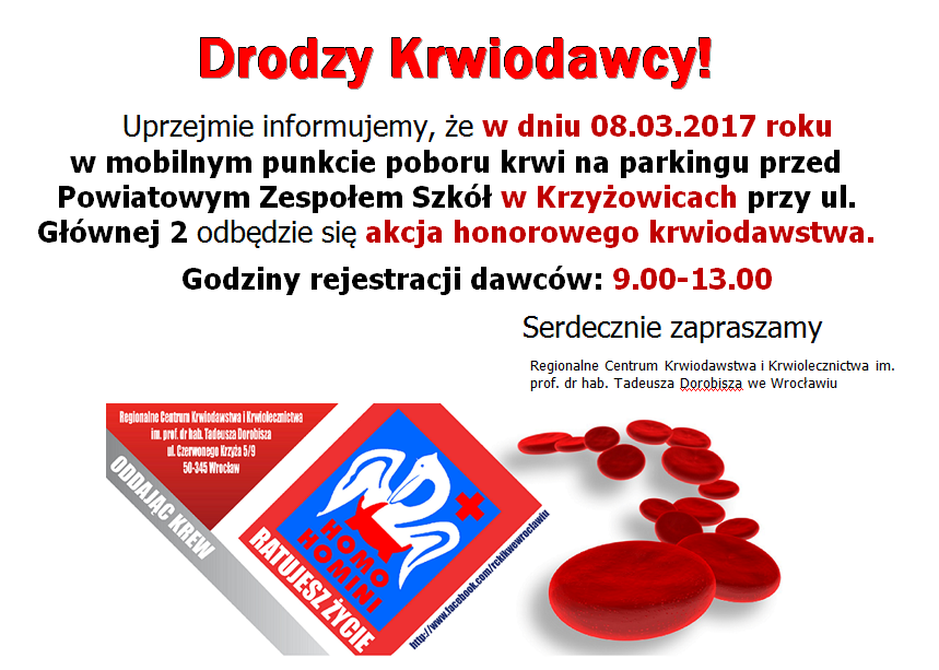 Zapraszamy na akcję krwiodawstwa do Krzyżowic