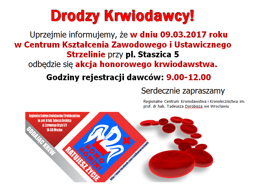 Zapraszamy na akcję krwiodawstwa do Strzelina