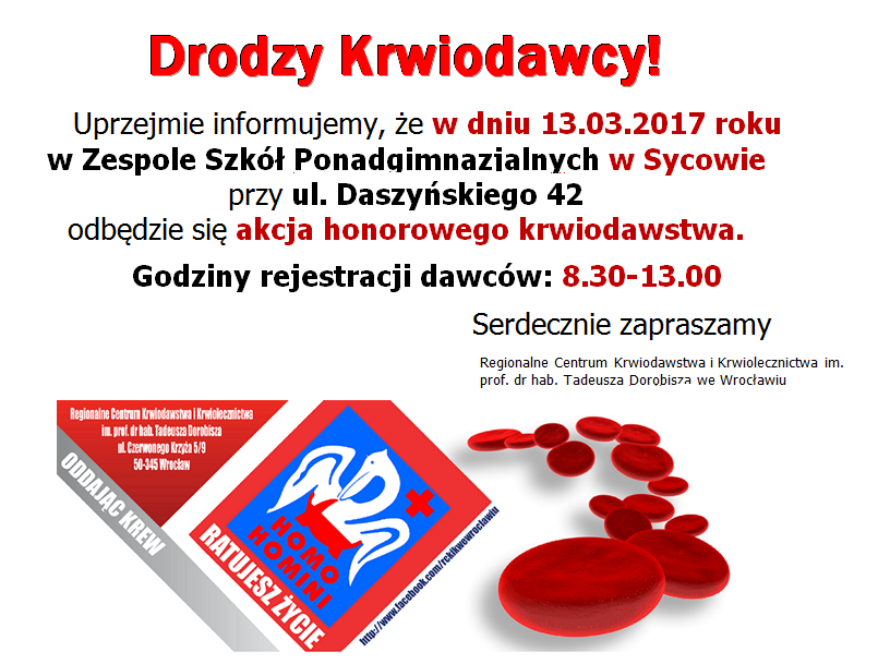 Zapraszamy na akcje krwiodawstwa do Sycowa