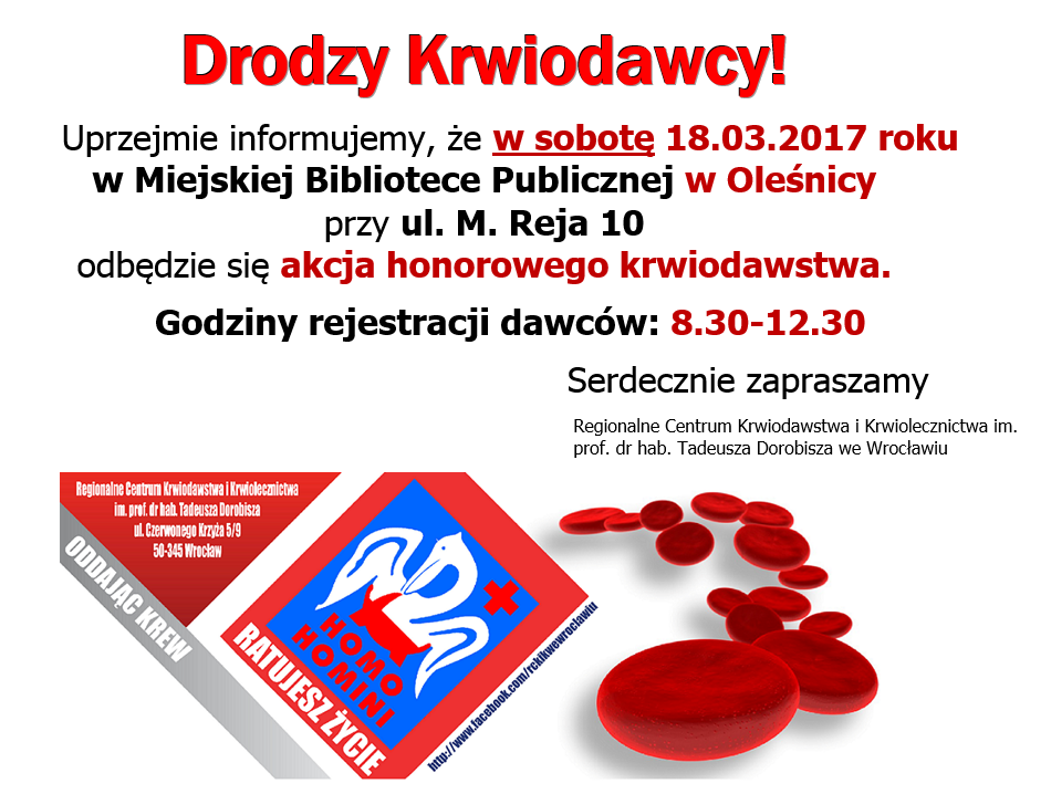 Najbliższa akcja krwiodawstwa w Oleśnicy - 18.03.2017 r.