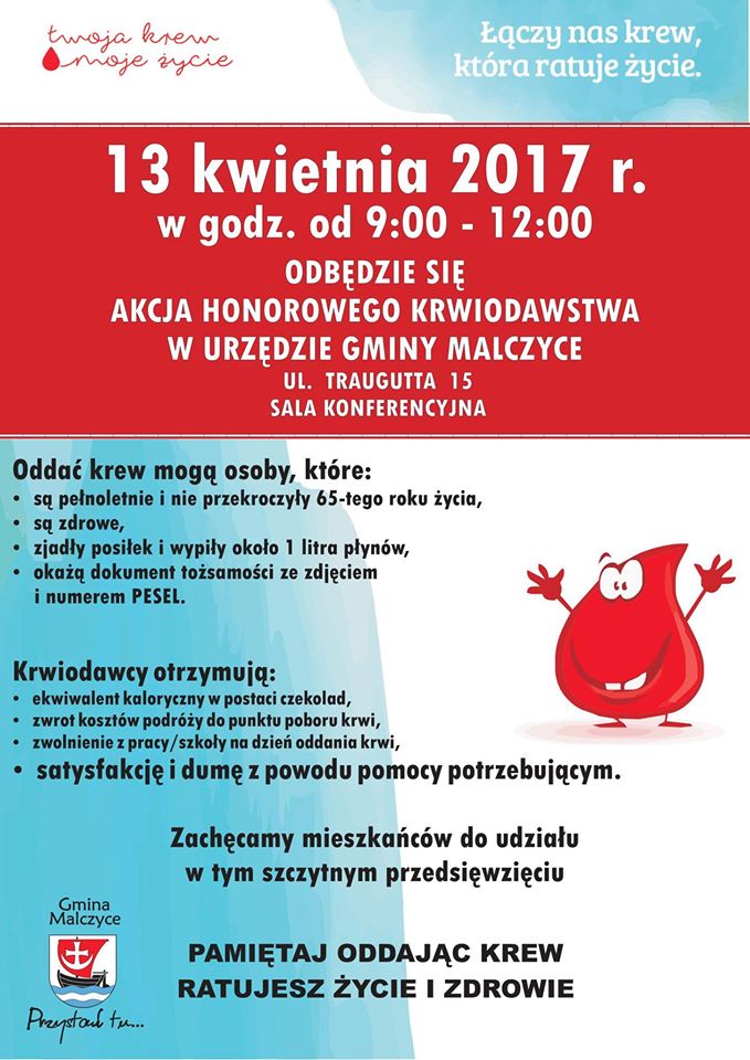 Zapraszamy na akcję krwiodawstwa do Malczyc