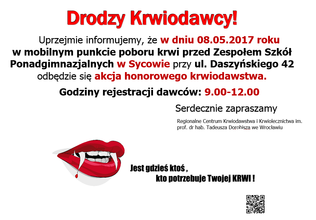 Zapraszamy na akcję krwiodawstwa do Sycowa