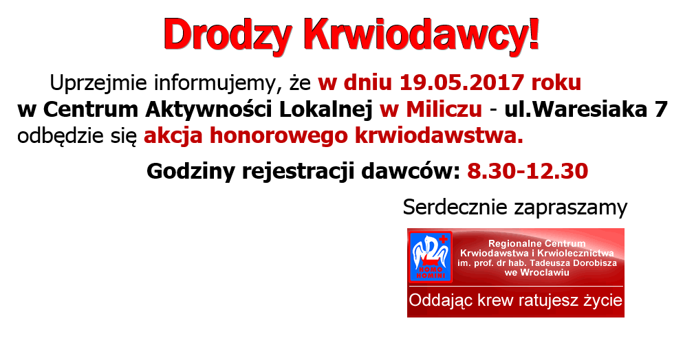 Zapraszamy na akcję krwiodawstwa do Milicza