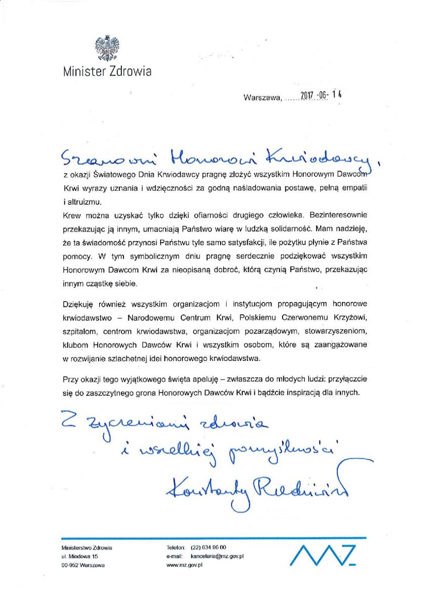Życzenia Ministra Zdrowia z okazji Światowego Dnia Krwiodawcy