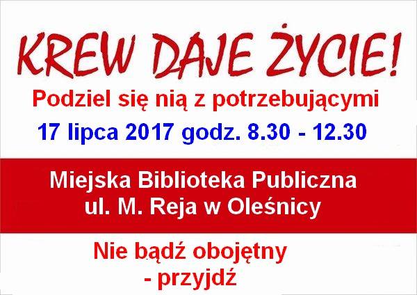 Klub HDK PCK w Oleśnicy zaprasza na akcję krwiodawstwa do Oleśnicy
