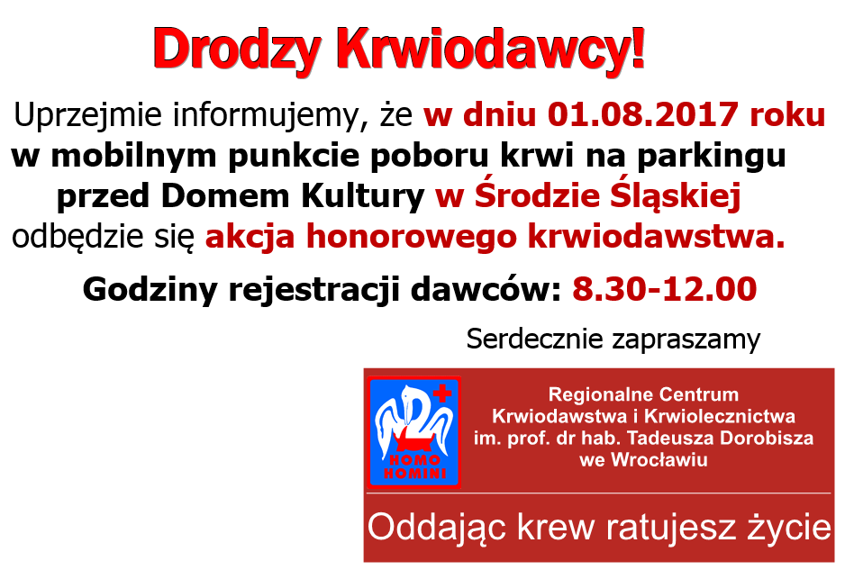 Zapraszamy na akcje krwiodawstwa do Środy Śląskiej