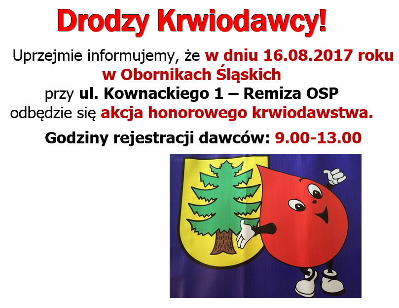 Zapraszamy na akcję krwiodawstwa do Obornik Śląskich