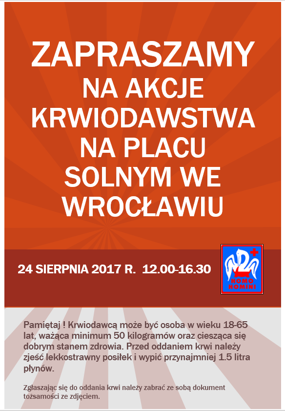 Zapraszamy na wakacyjną akcję krwiodawstwa - 24 sierpnia 2017 r.
