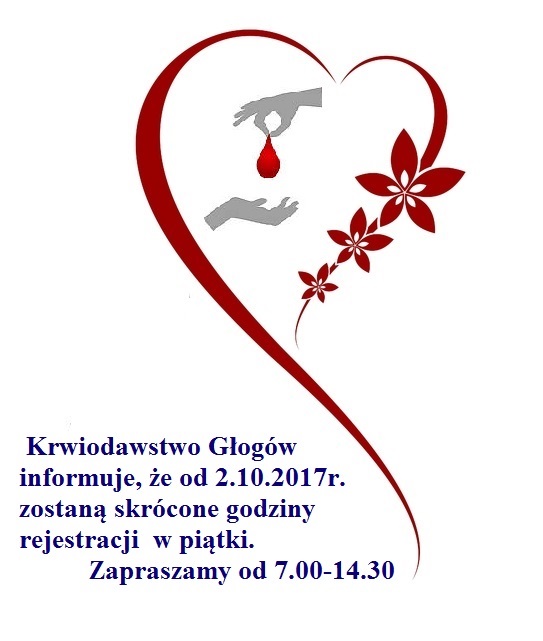 Uwaga - zmiana godzin rejestracji dawców w Głogowie