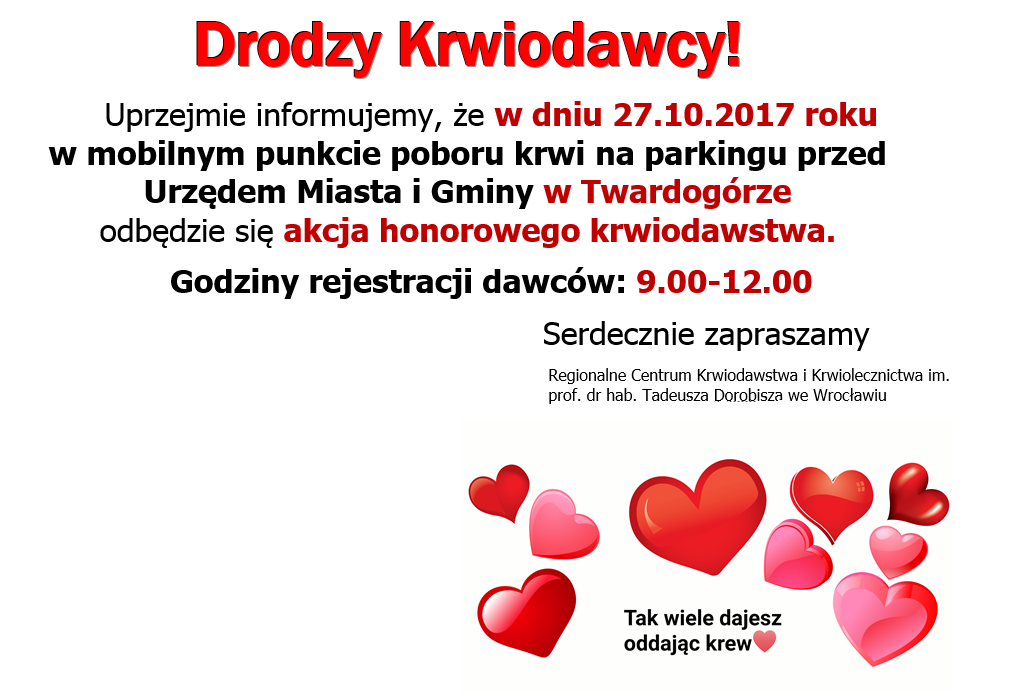 Zapraszamy na akcję krwiodawstwa do Twardogóry