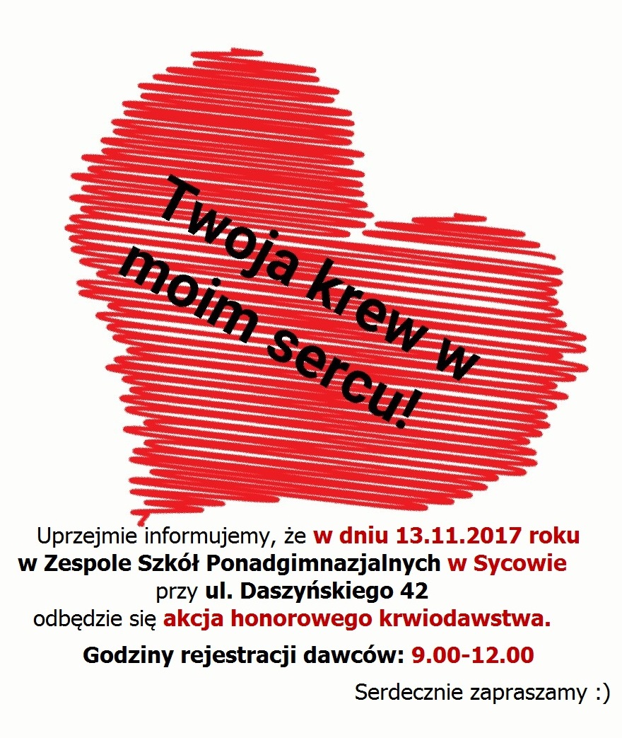 Zapraszamy na akcję krwiodawstwa do Sycowa - 13.11.2017 r.
