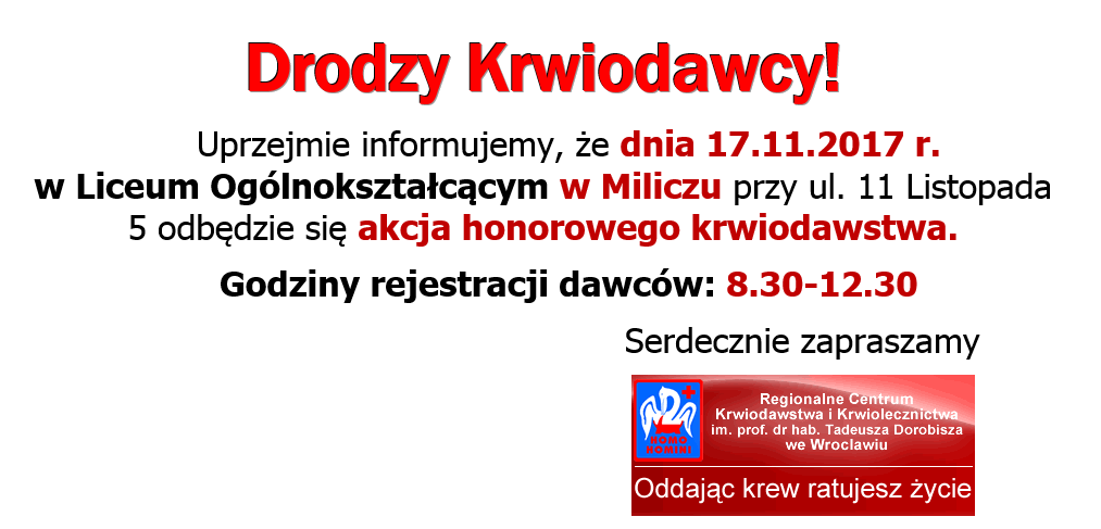 Zapraszamy na akcję krwiodawstwa do Milicza - 17.11.2017 r.