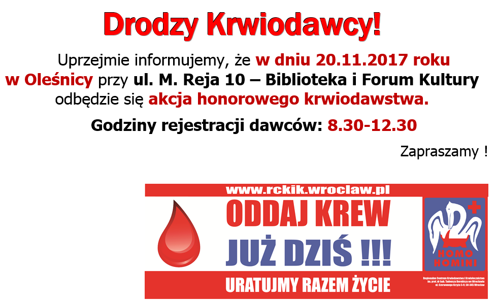 Klub HDK PCK w Oleśnicy zachęca do oddawania krwi - 20.11.2017 r.