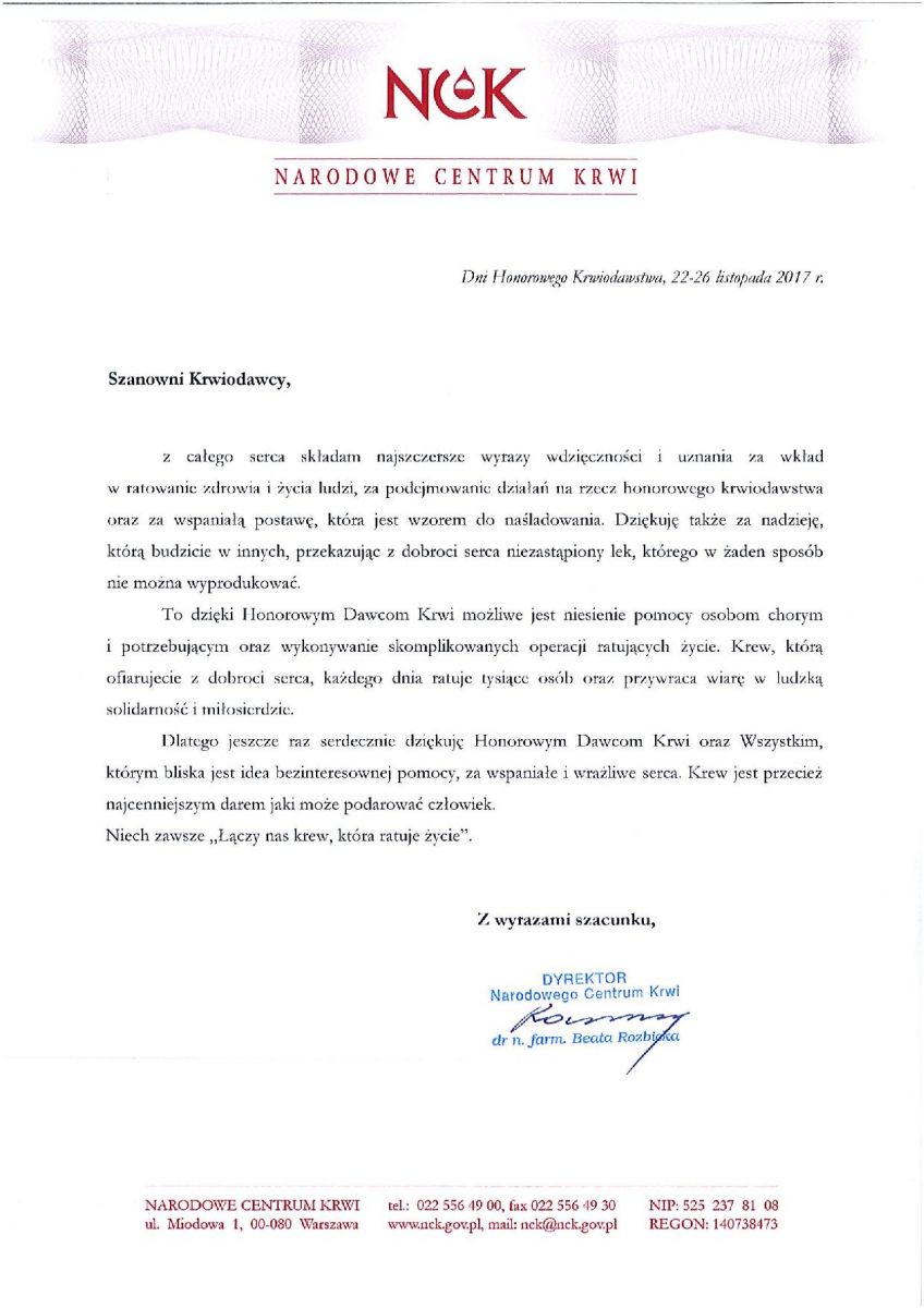 Życzenia Dyrektora NCK z okazji Dni HDK PCK