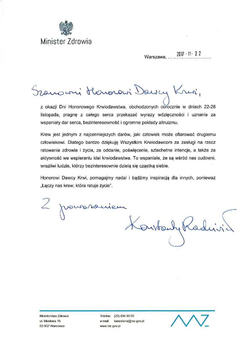 Życzenia Ministra Zdrowia z okazji Dni HDK PCK