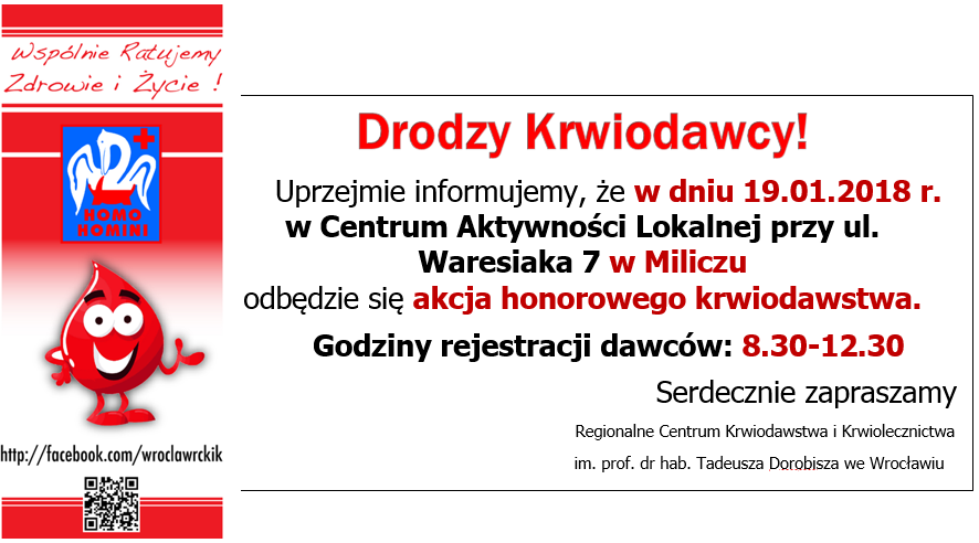 Zapraszamy na akcję krwiodawstwa do Milicza - 19.01.2018 r.