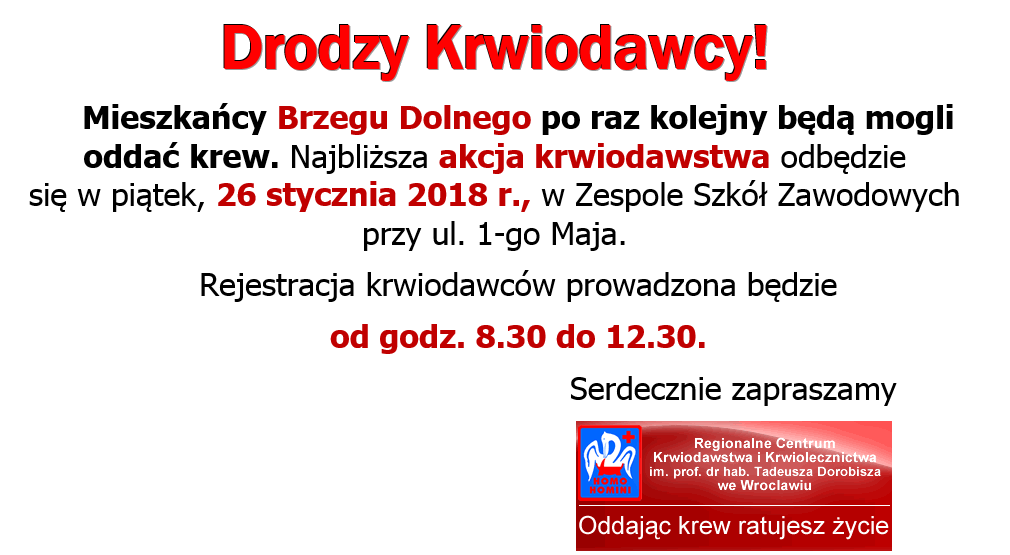 Zapraszamy na akcje krwiodawstwa do Brzegu Dolnego - 26.01.2018 r.