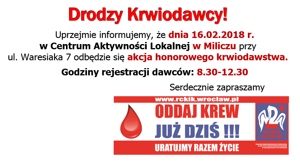 Zapraszamy na akcję krwiodawstwa do Milicza - 16.02.2018 r.