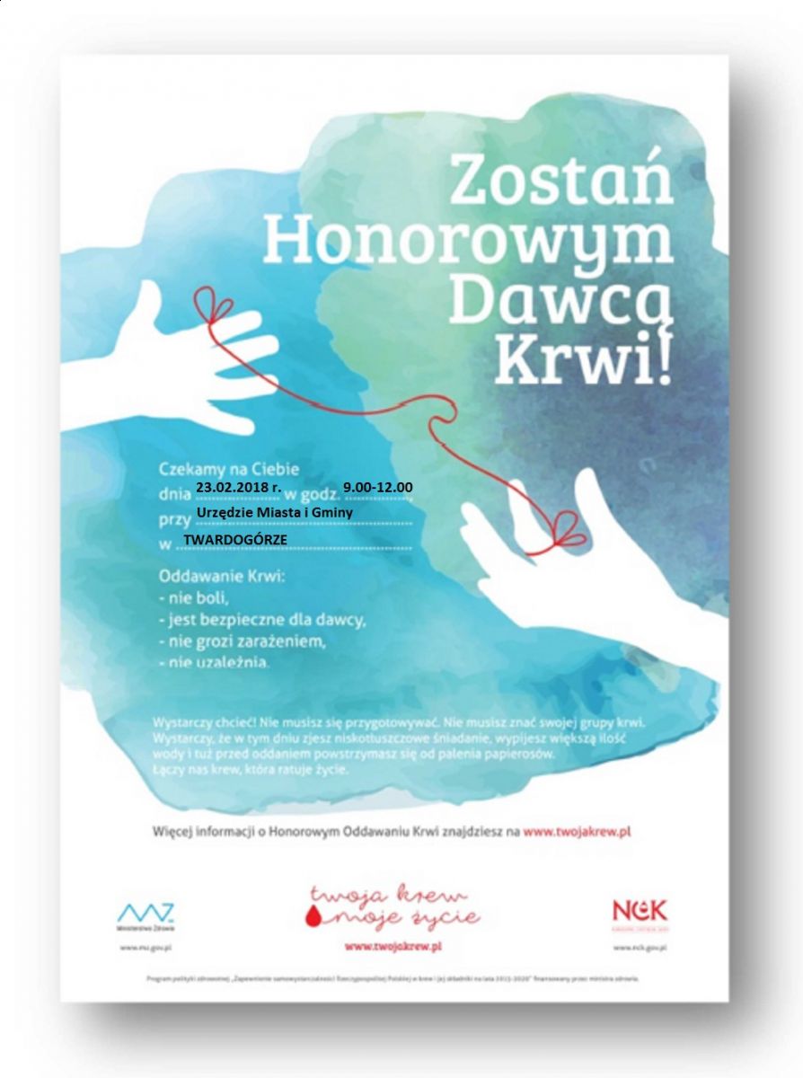 Zapraszamy na akcję krwiodawstwa do Twardogóry - 23.02.2018 r.