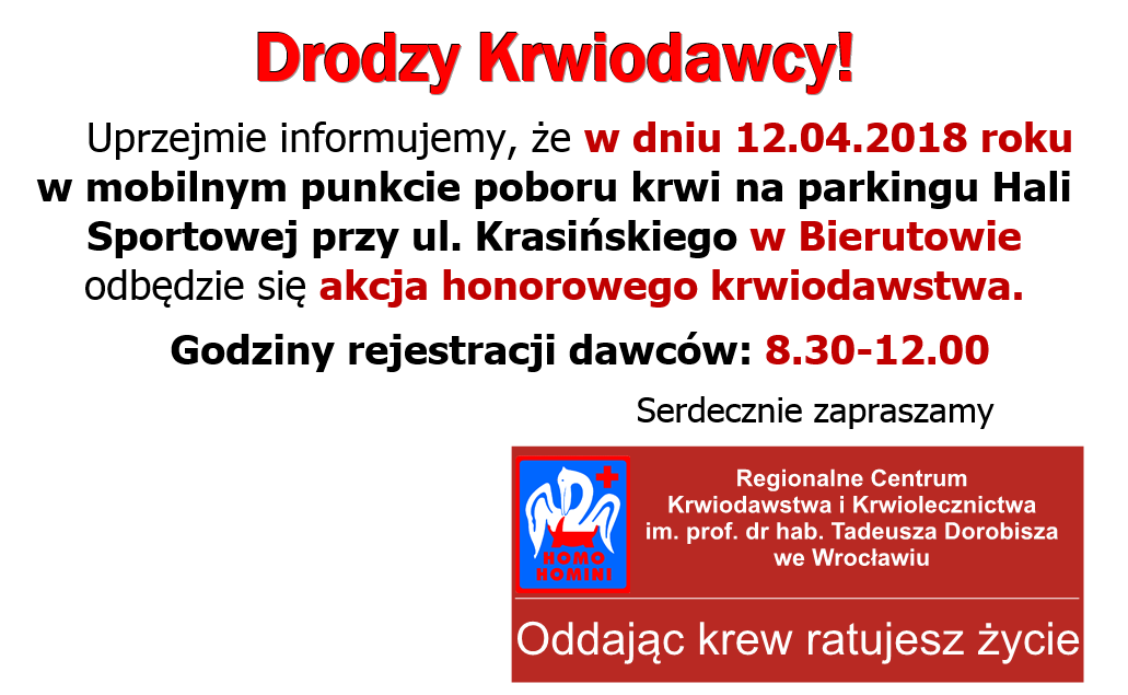 Już w najbliższy czwartek zapraszamy na akcję krwiodawstwa do Bierutowa