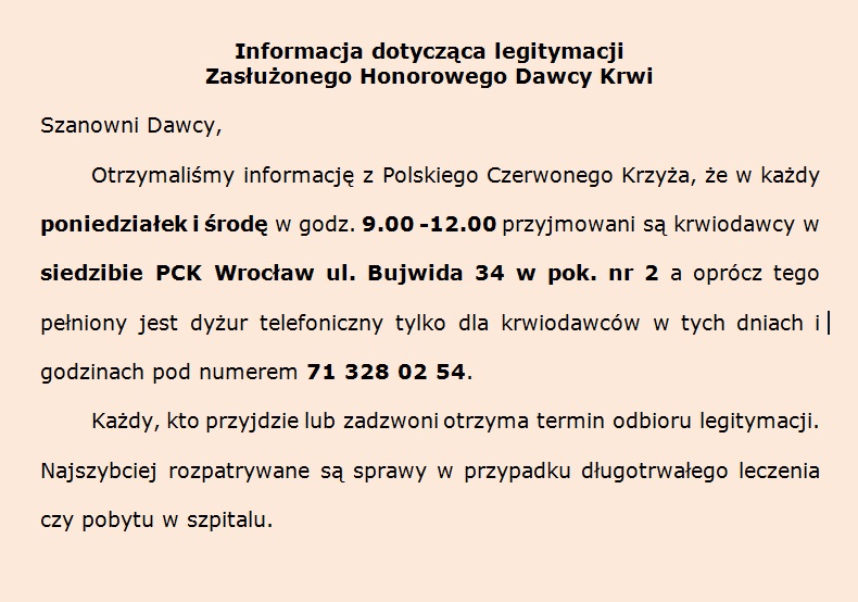 Informacja dotycząca legitymacji  Zasłużonego Honorowego Dawcy Krwi
