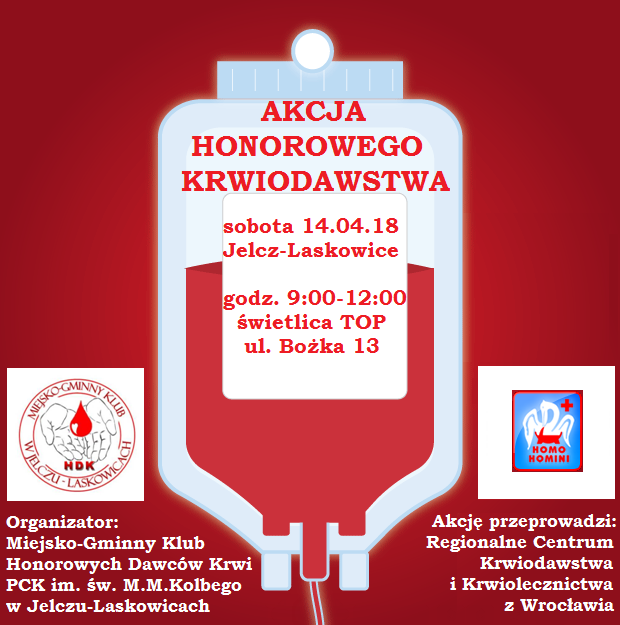 Zapraszamy na akcje krwiodawstwa do Jelcza i Oławy - 14.04.2018 r.