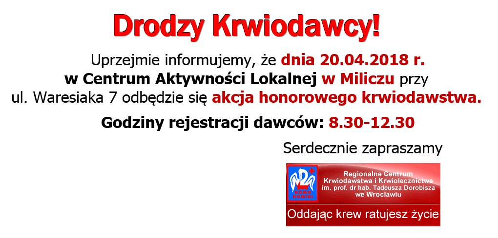 Zapraszamy na akcje krwiodawstwa do Milicza - 20.04.2018 r.