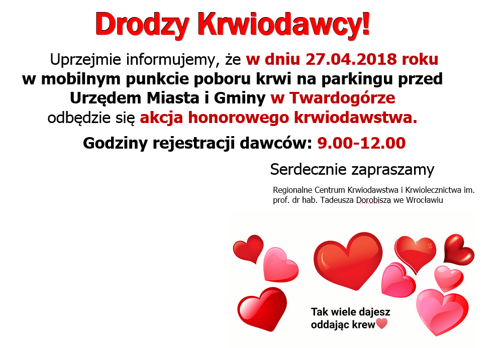 Zapraszamy na akcję krwiodawstwa do Twardogóry