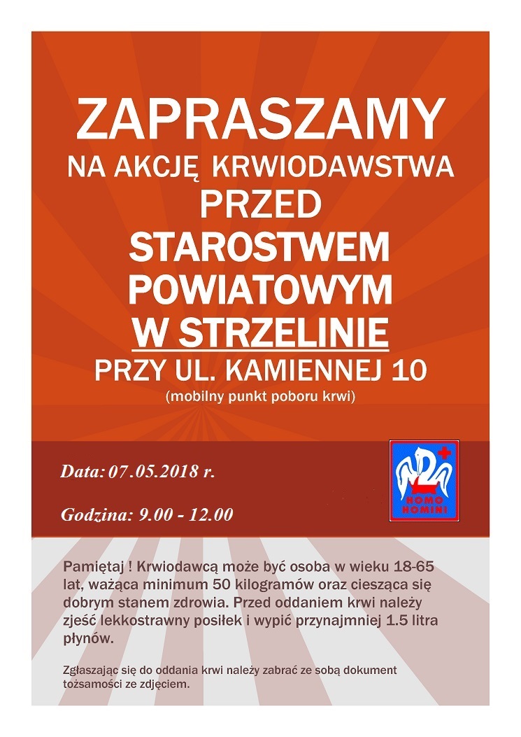 Zapraszamy na akcję krwiodawstwa do Strzelina - 07.05.2018 r.