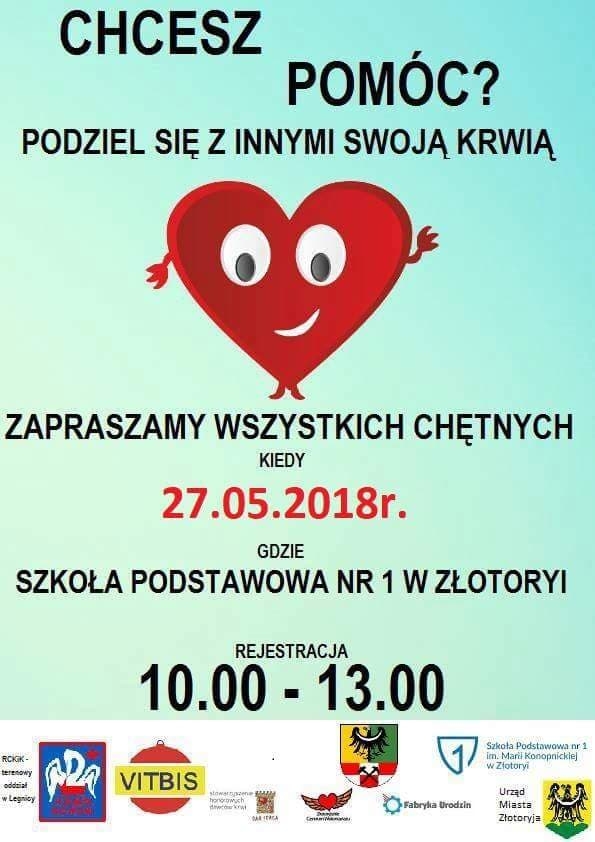 Chcesz pomóc ? Podziel się z innymi swoją krwią - Złotoryja 27.05.2018 r.