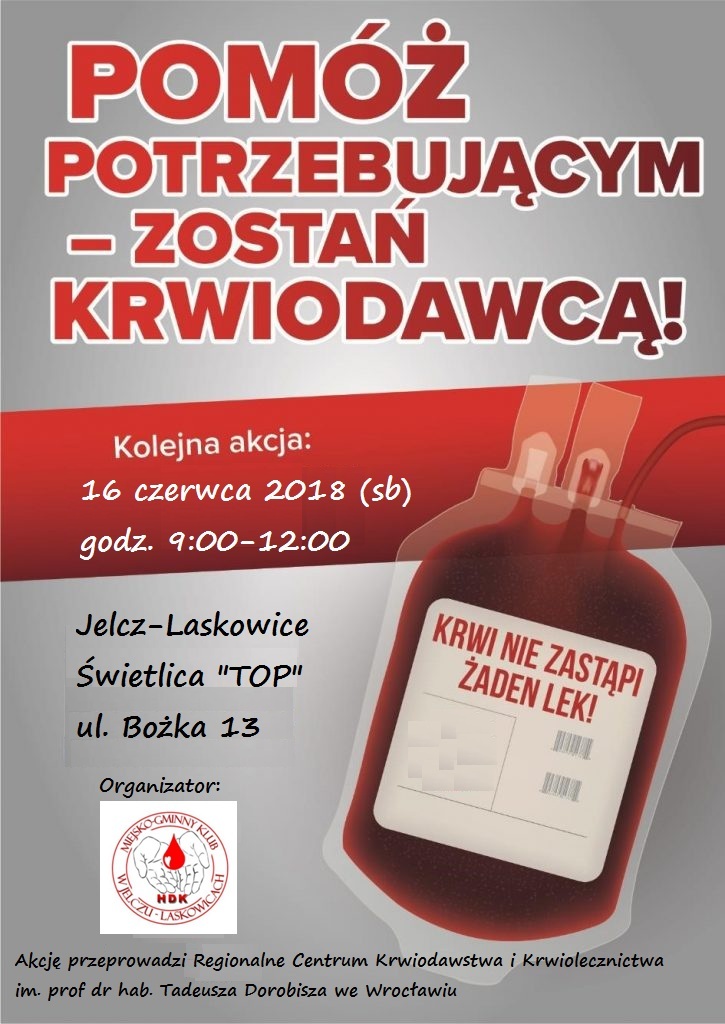 Zapraszamy na akcję krwiodawstwa do Jelcza-Laskowic - 16.06.2018 r.