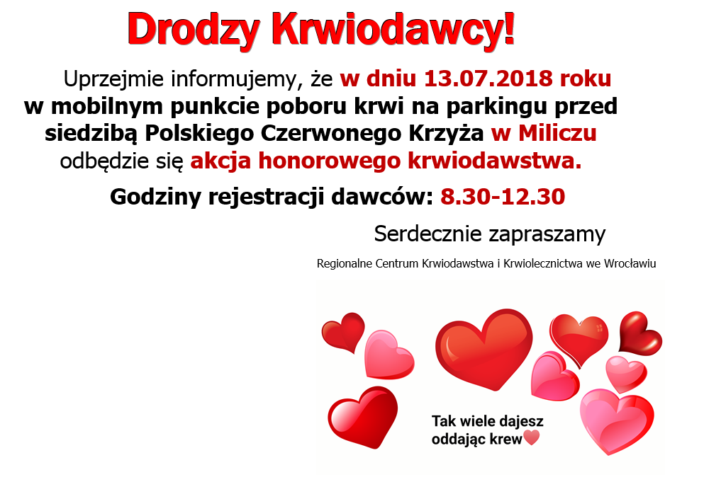 Zapraszamy na akcję krwiodawstwa do Milicza - 13.07.2018 r.