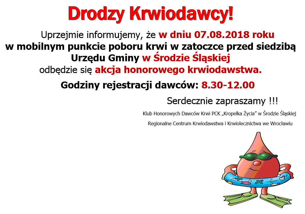 Zapraszamy na akcje krwiodawstwa do Środy Śląskiej - 07.08.2018 r.
