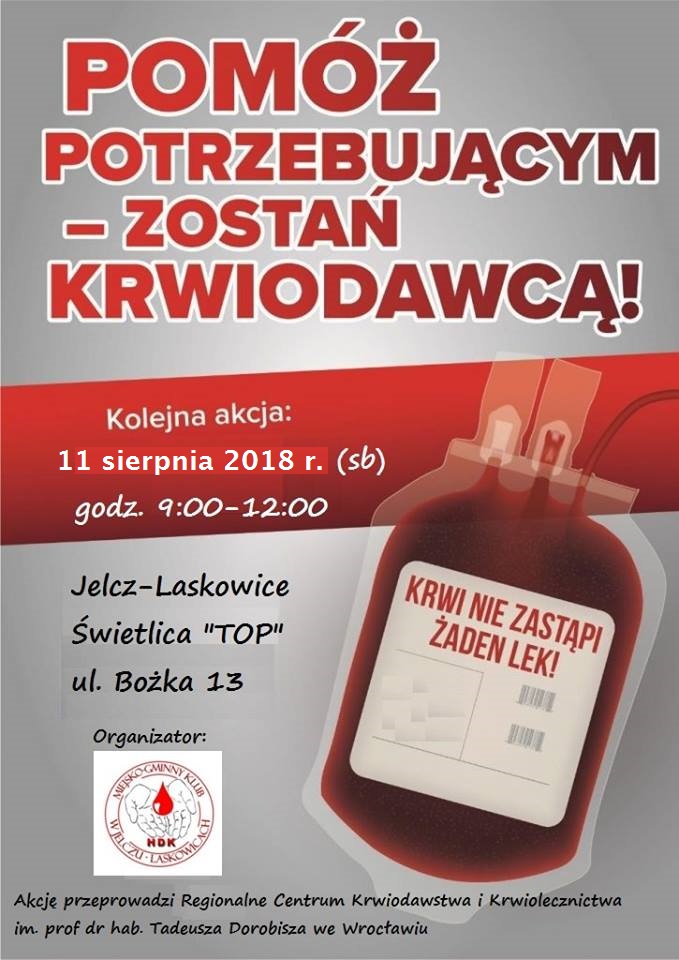 Klub HDK PCK w Jelczu Laskowicach zachęca do udziału w akcji krwiodawstwa - 11.08.2018 r.