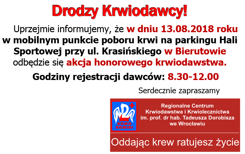 Zapraszamy na akcję krwiodawstwa do Bierutowa - 13.08.2018 r.