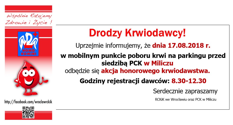 Zapraszamy na akcje krwiodawstwa do Milicza - 17.08.2018 r.