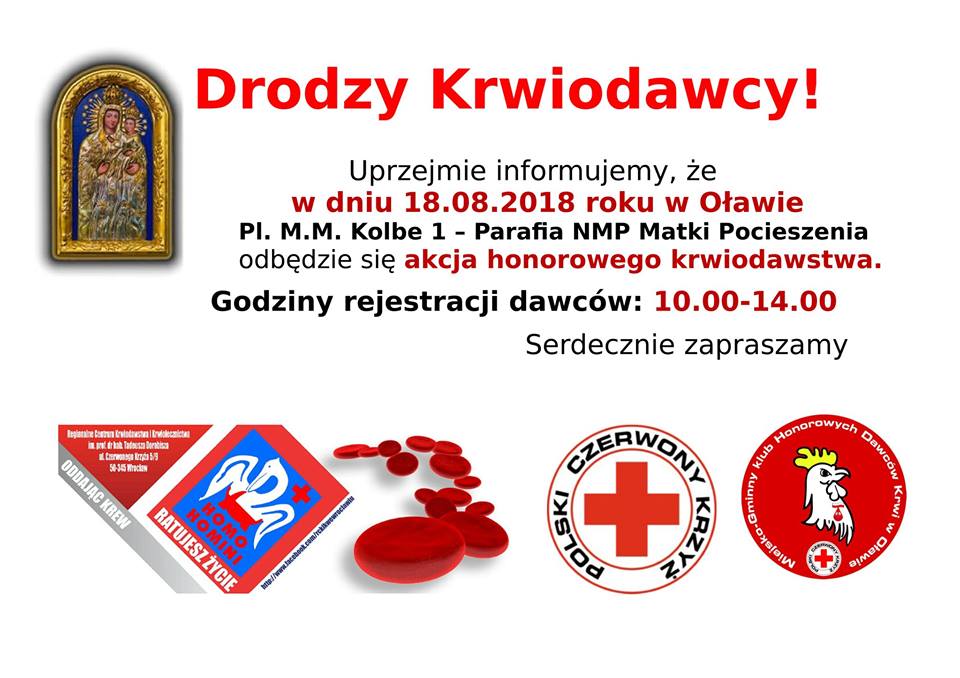 W sobotę akcja poboru krwi w Oławie - gorąco zapraszamy