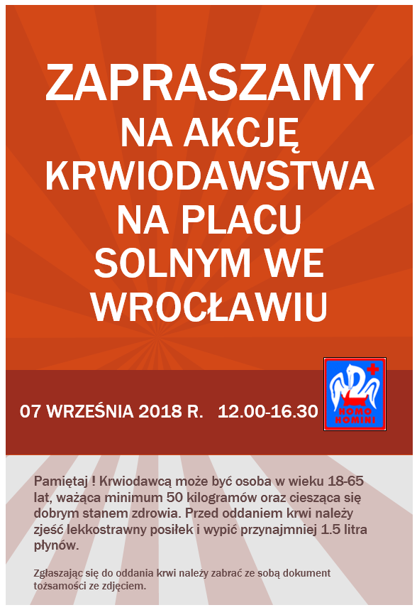Zachęcamy do udziału w ostatniej w tym roku wakacyjnej akcji krwiodawstwa na Placu Solnym we Wrocławiu