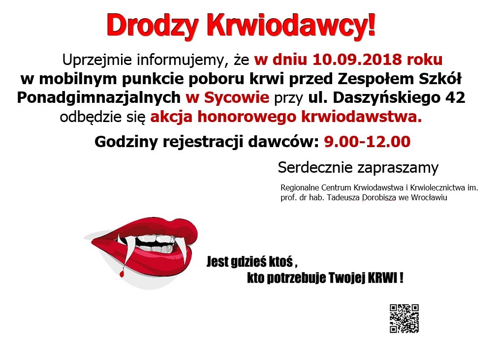Zapraszamy na poniedziałkowe akcje krwiodawstwa do Sycowa i Żmigrodu - 10.09.2018 r.